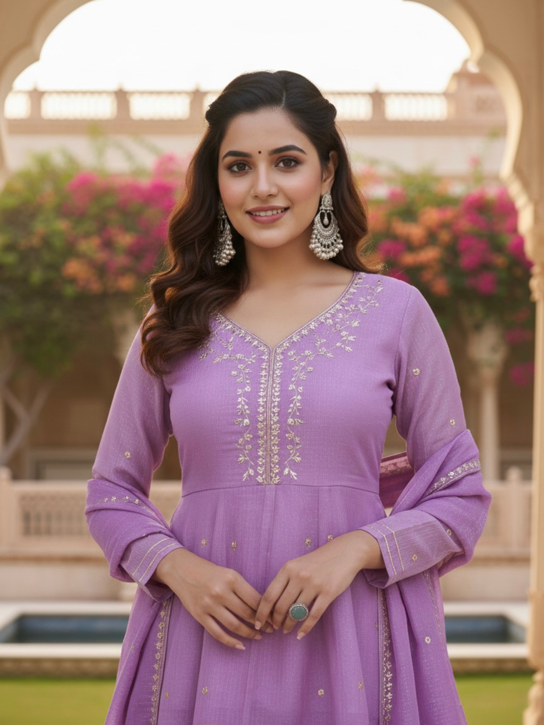 Lavender Embroidered Peplum Top with Sharara Set