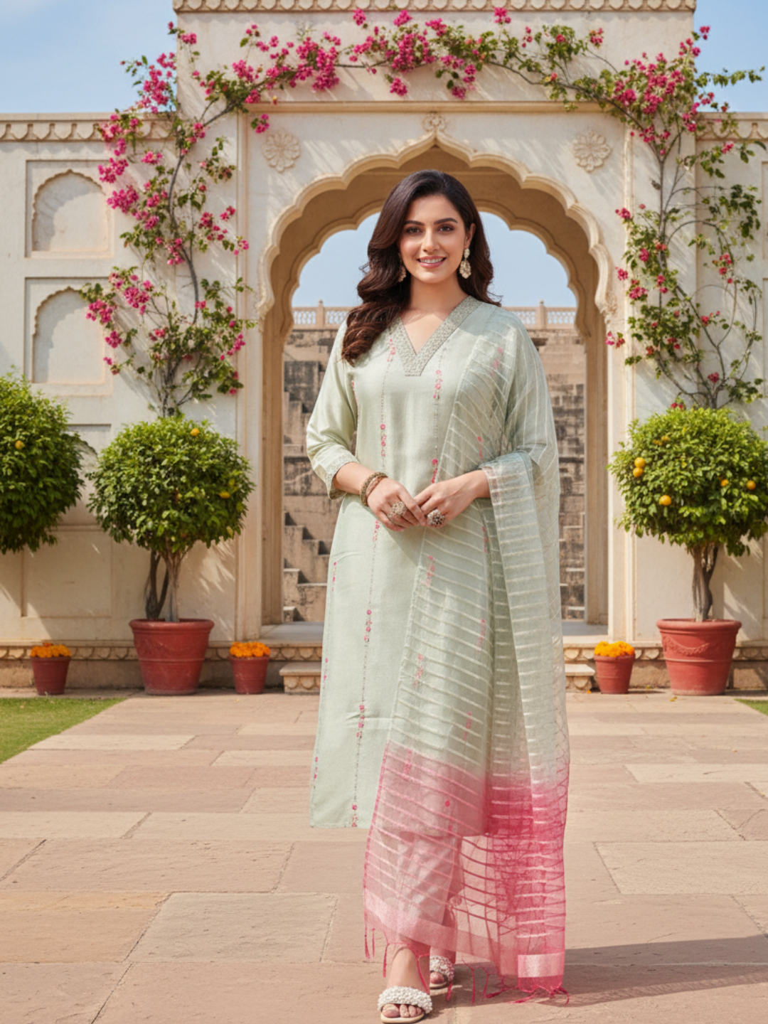 Grey Embroidered Silk Kurta with Dupatta Set