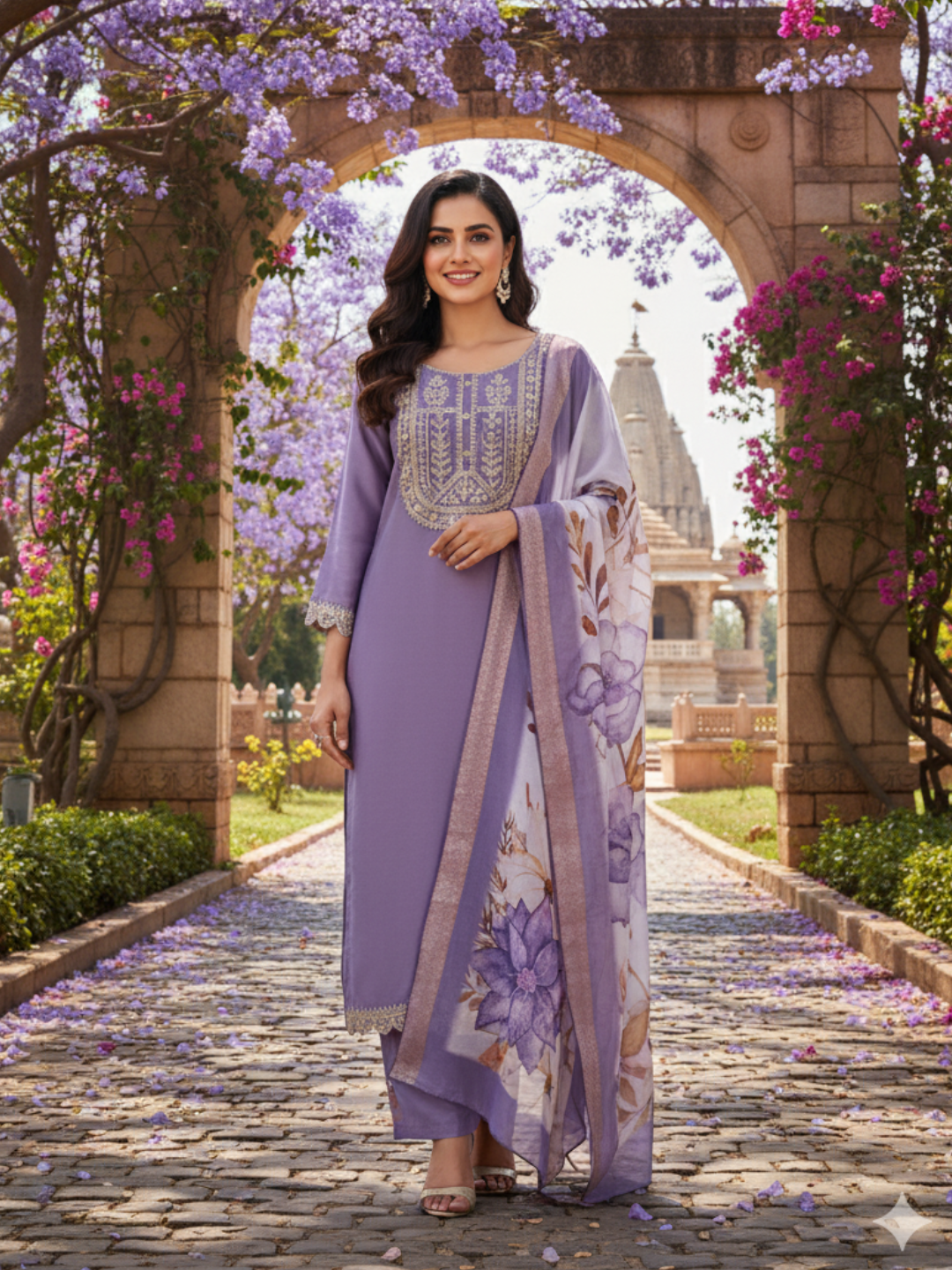 Purple Chinon Straight Kurta With Printed Dupatta