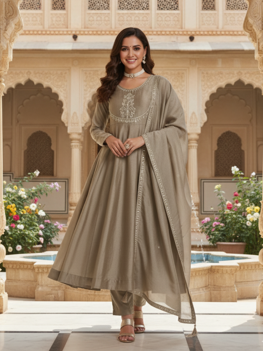 Grey Embroidered Silk Anarkali Kurta With Dupatta Set