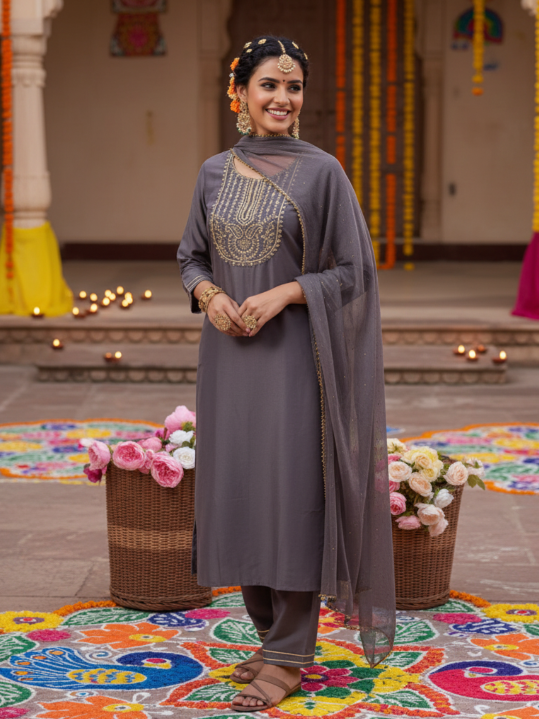 Grey Embroidered Chinon Kurta with Dupatta Set