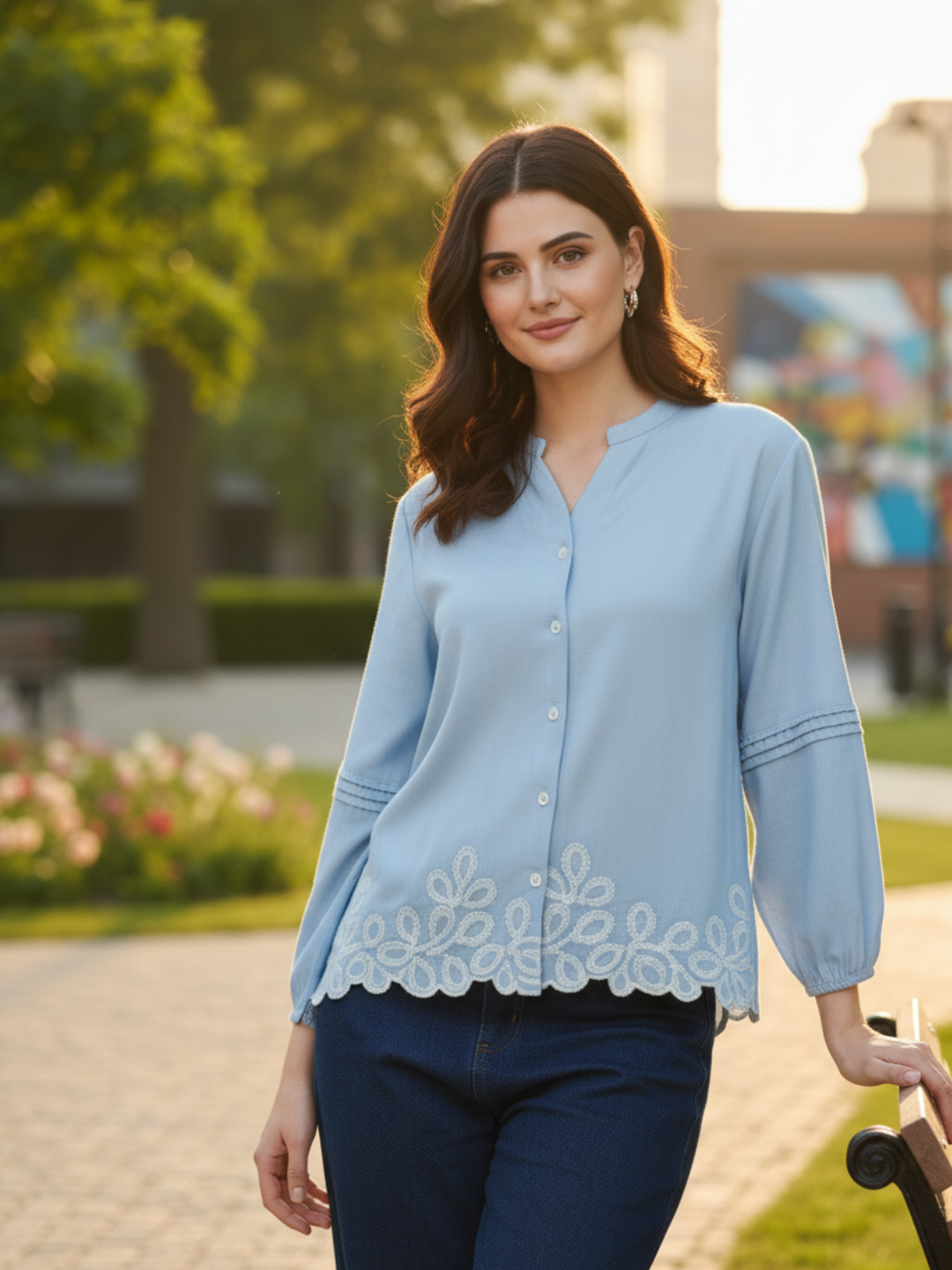 Light Blue Embroidered Full Sleeves Regular Rayon Shirt