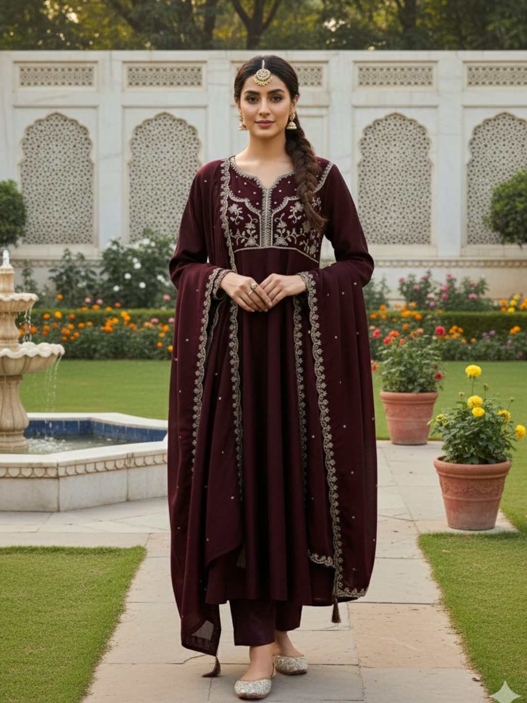 Coffee Embroidered Silk Anarkali kurta with Dupatta Set