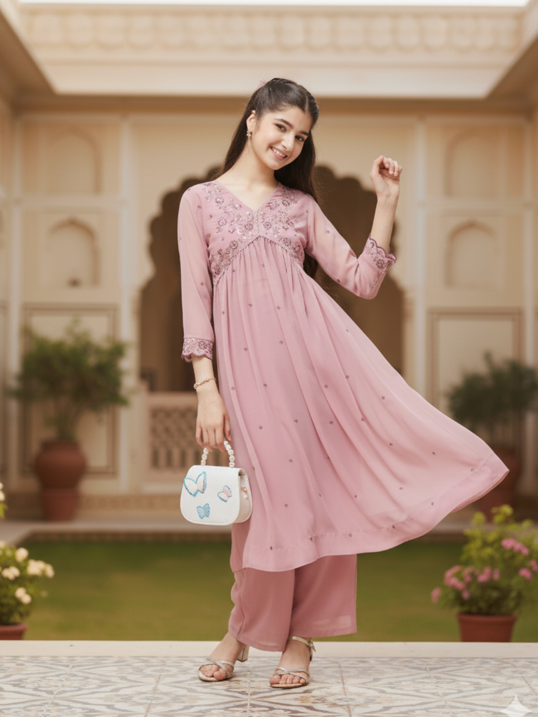 Pink Georgette Embroidered Kurta & Pant Set for Girls