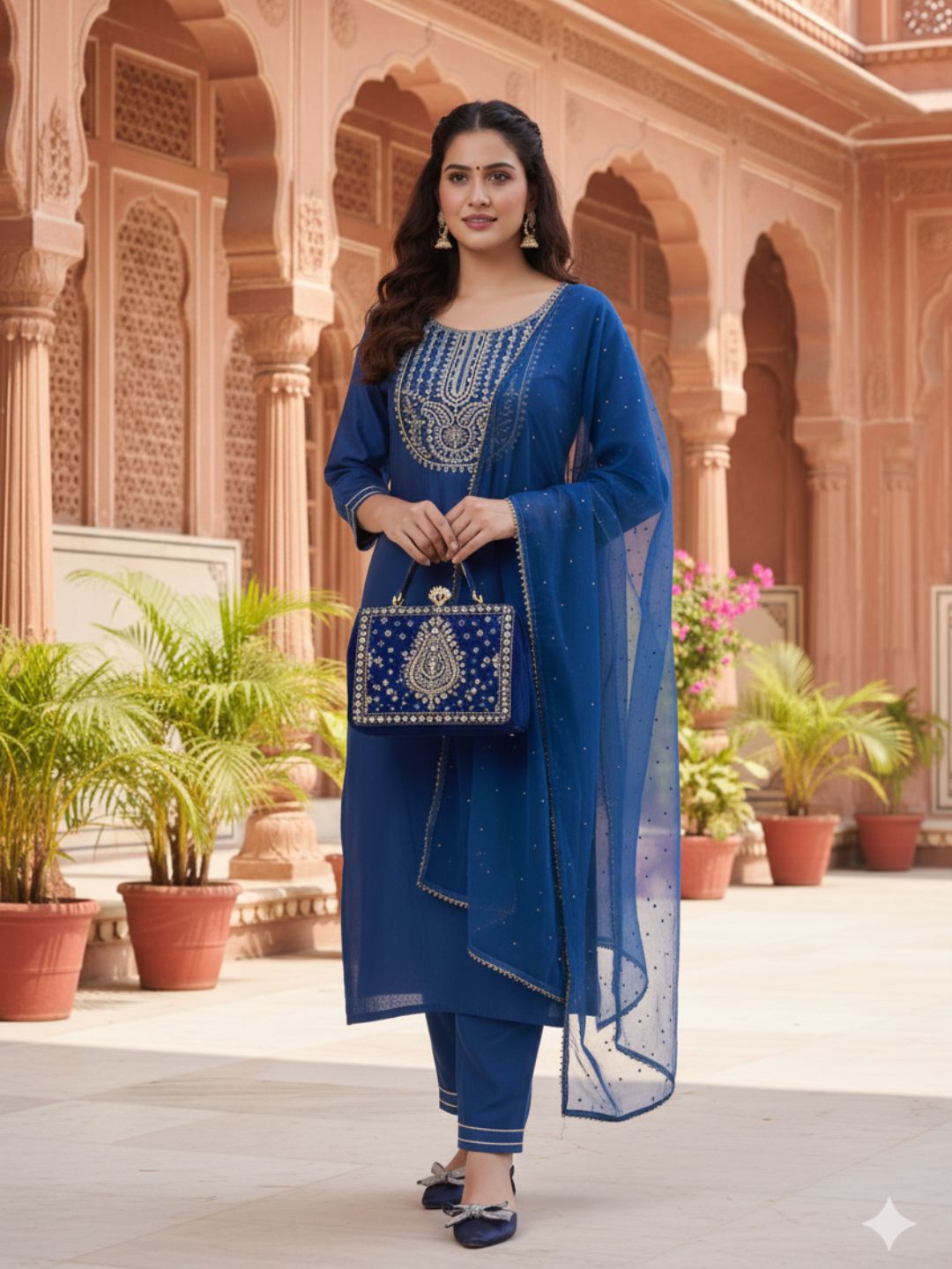 Teal Blue Embroidered Chinon Kurta with Dupatta Set