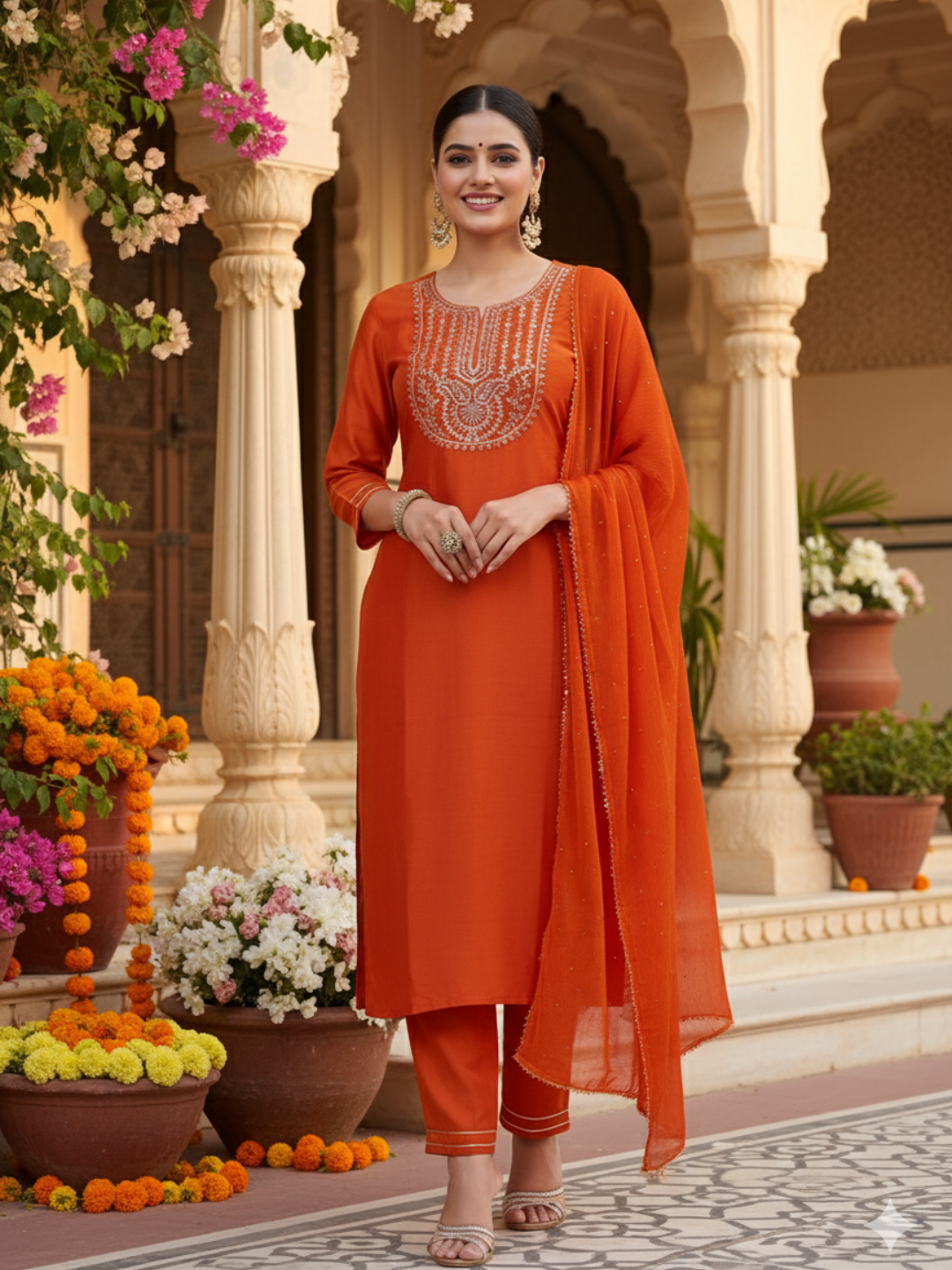 Orange Embroidered Chinon Kurta with Dupatta Set