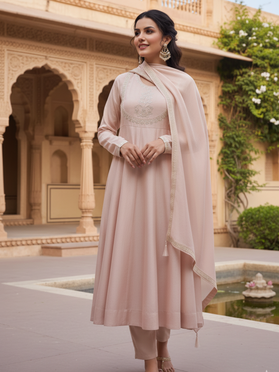 Rose Pink Embroidered Silk Blend Anarkali Kurta With Dupatta Set