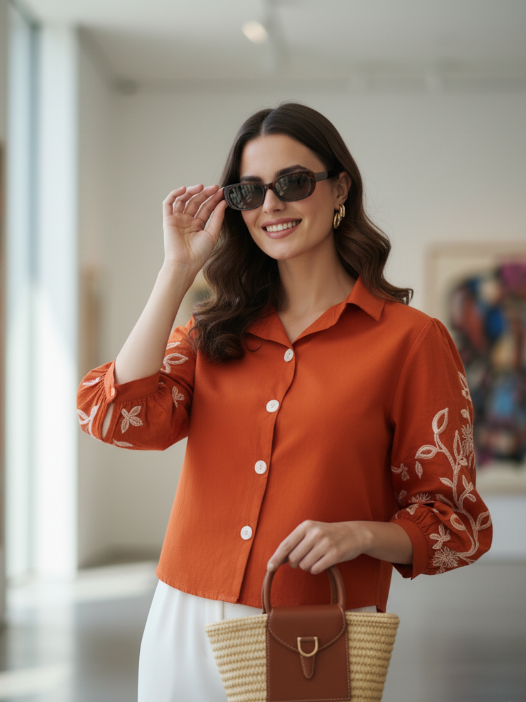 Orange Cotton Embroidered Shirt for Women