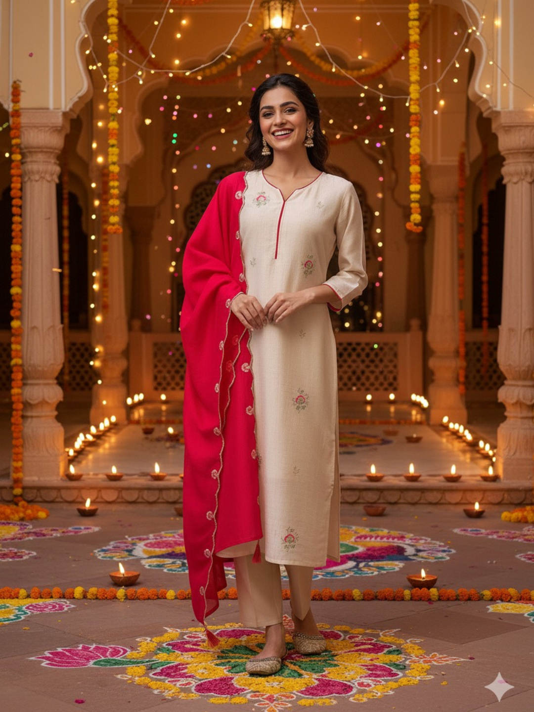 Cream Embroidered Chinon Kurta with Dupatta Set