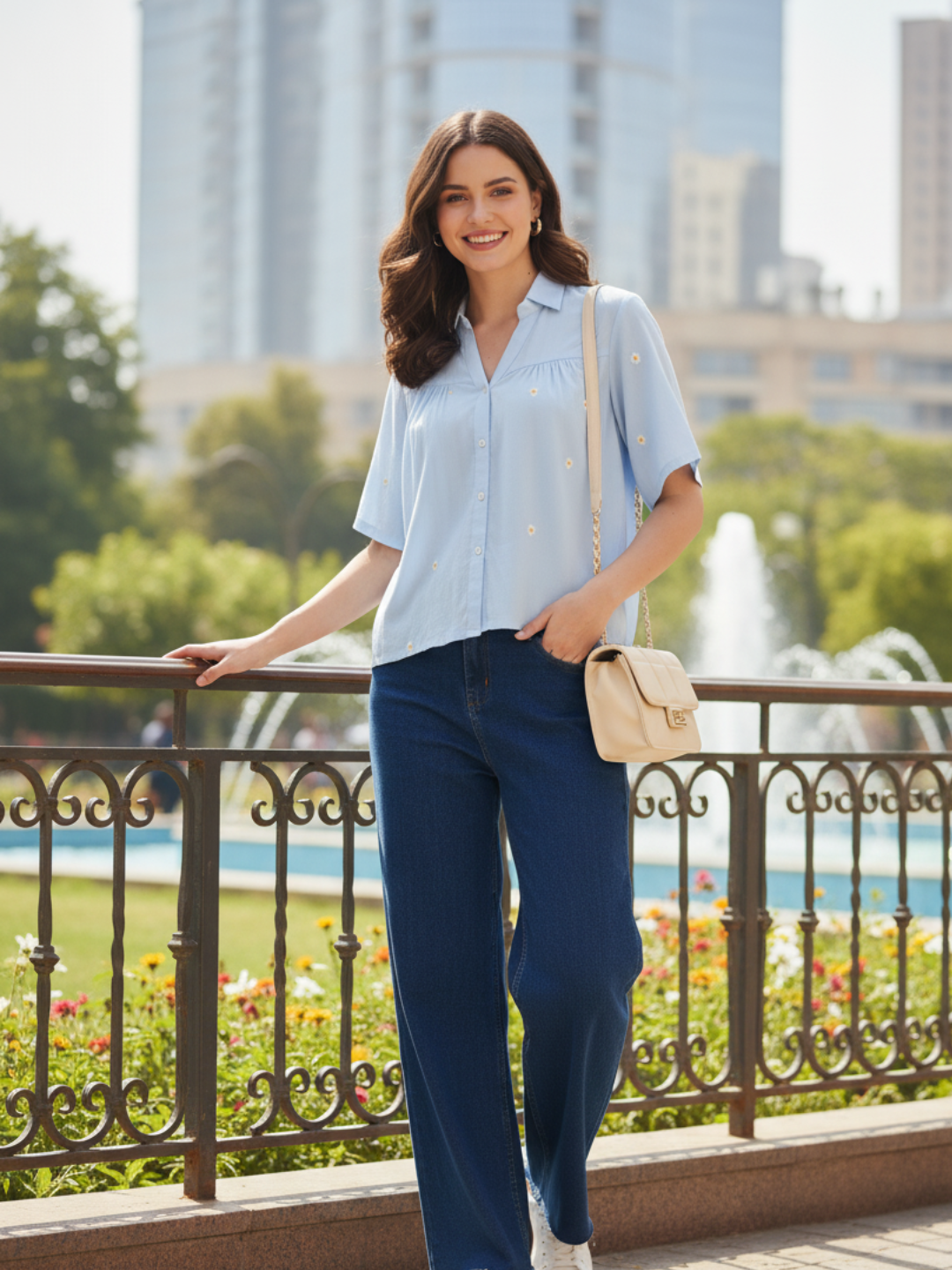 Women's Sky Blue Embroidered Rayon Oversize Shirt