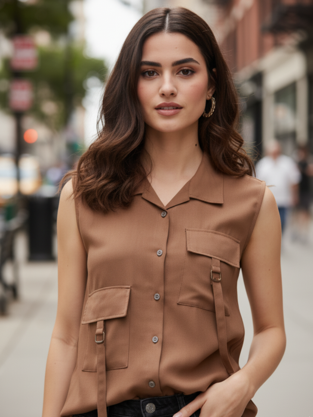 Women Caramel Viscose Blend Plain Regular Sleeveless Shirt