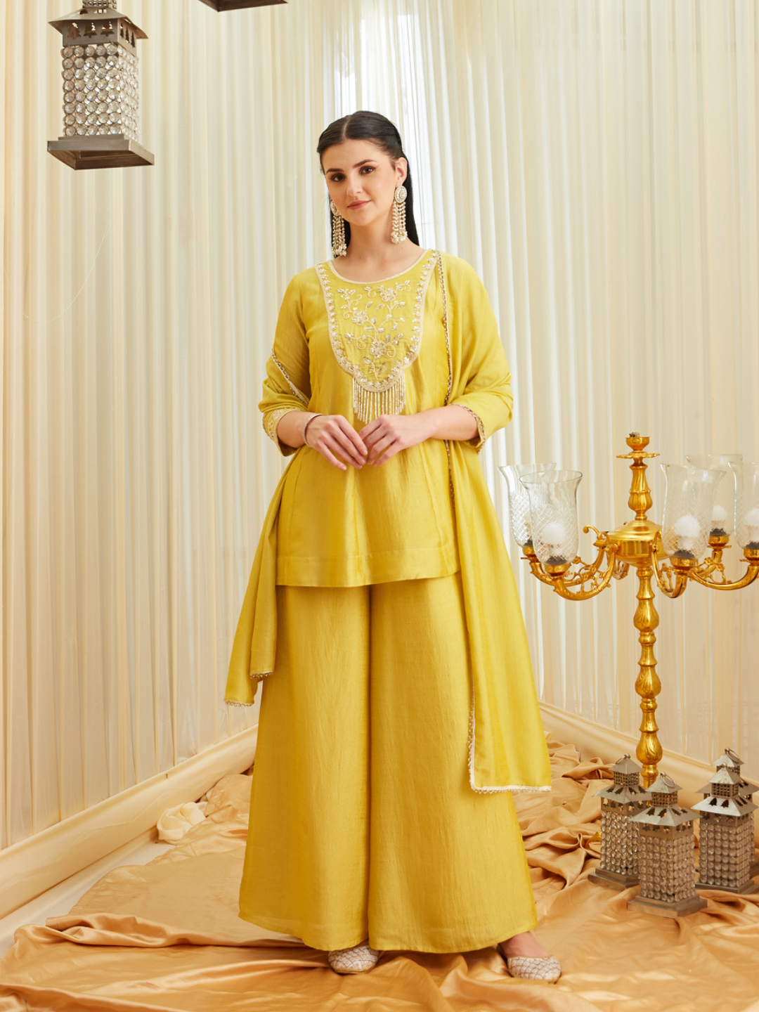 Yellow Silk Embroidered Top Sharara Set with Dupatta