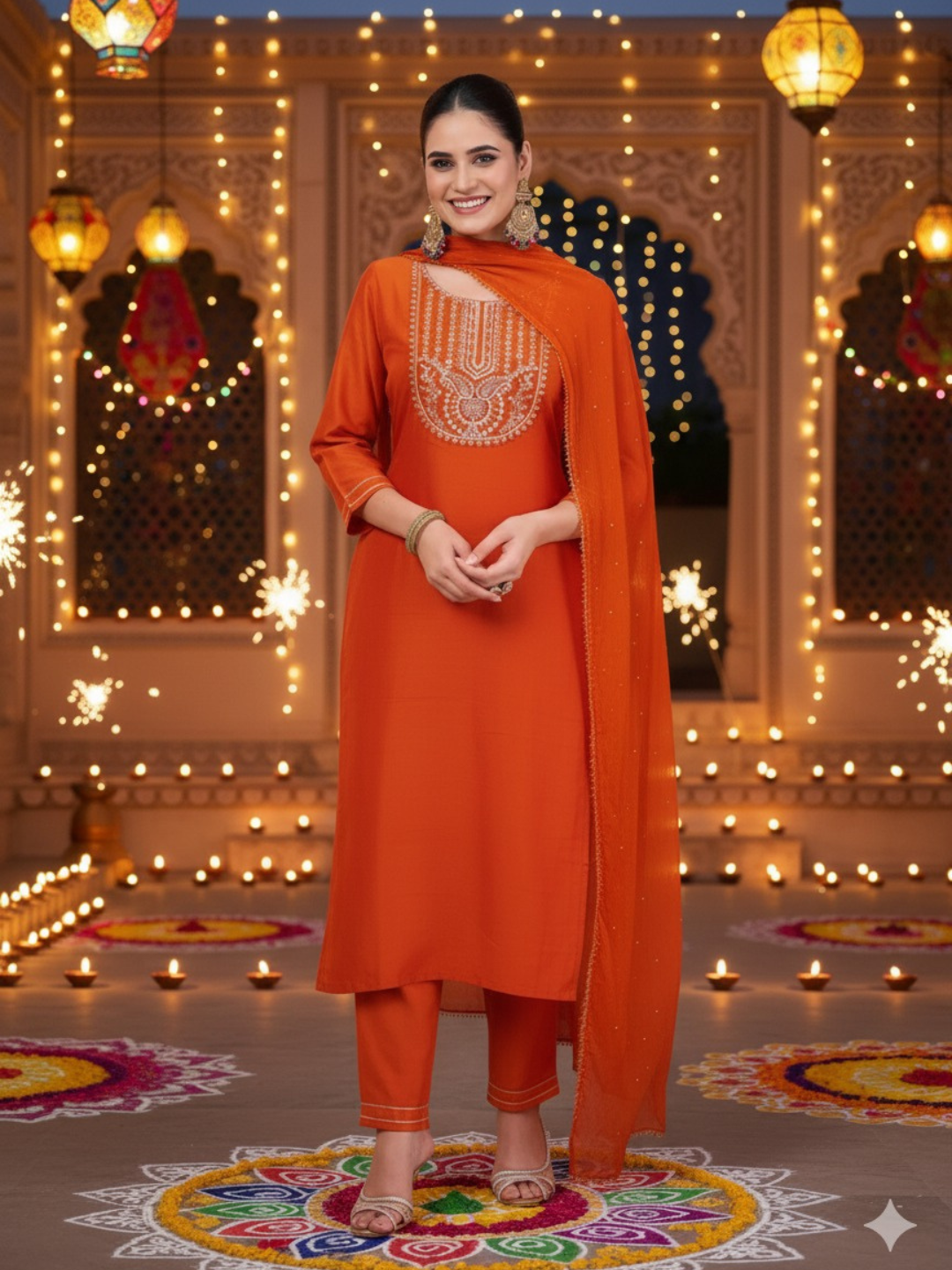Orange Embroidered Chinon Kurta with Dupatta Set