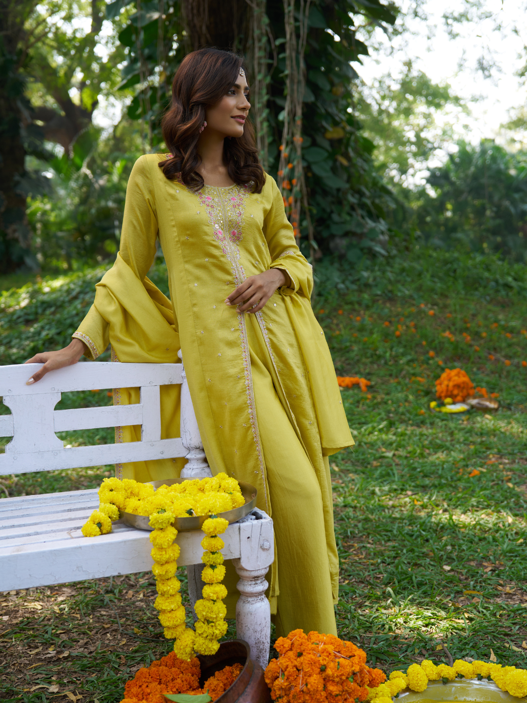 Lemon Yellow Embroidered Silk Anarkali Kurta With Dupatta Set | one side dupatta full image