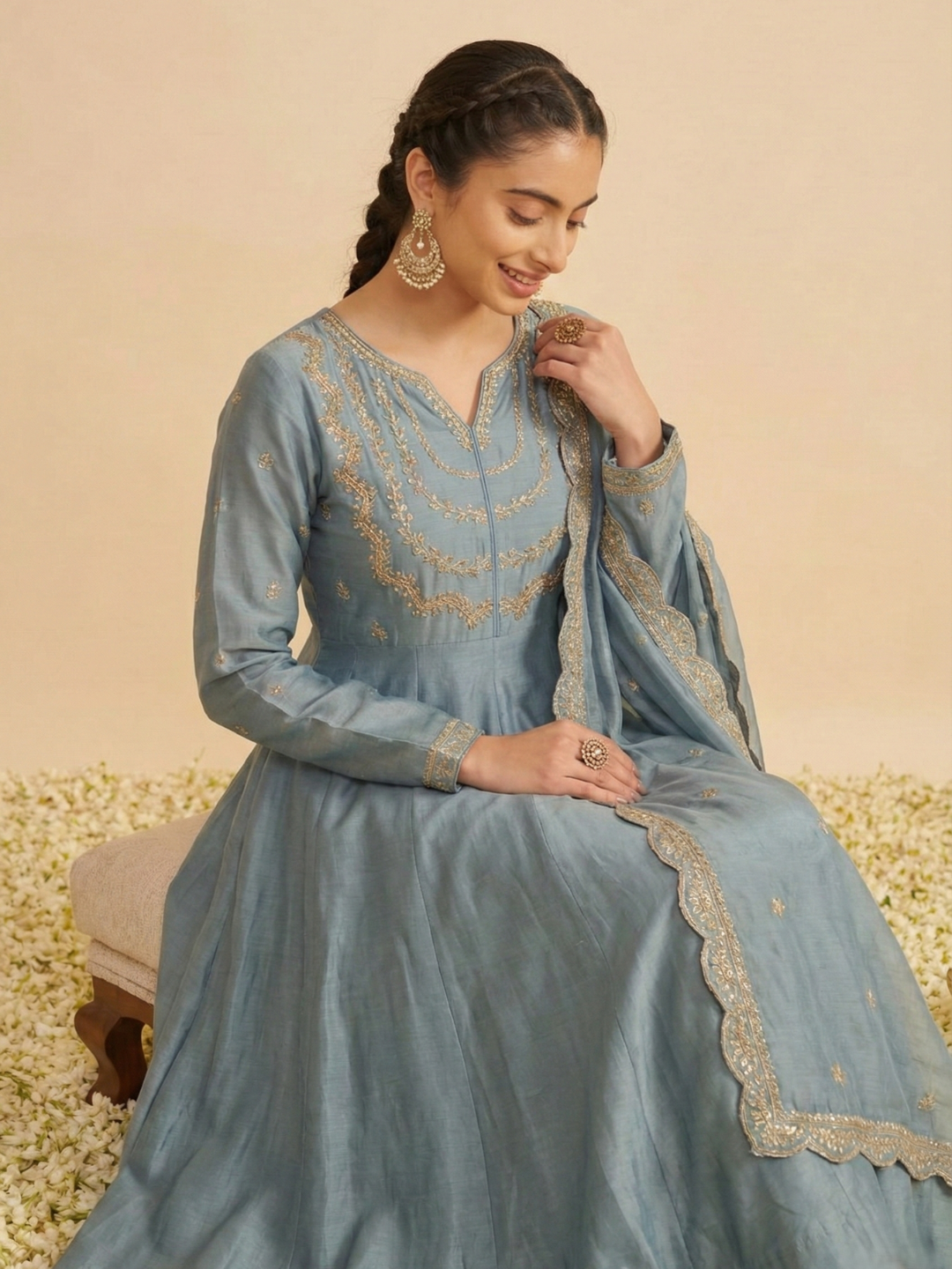 Sky Blue Embroidered Silk Blend Anarkali Kurta With Dupatta Set