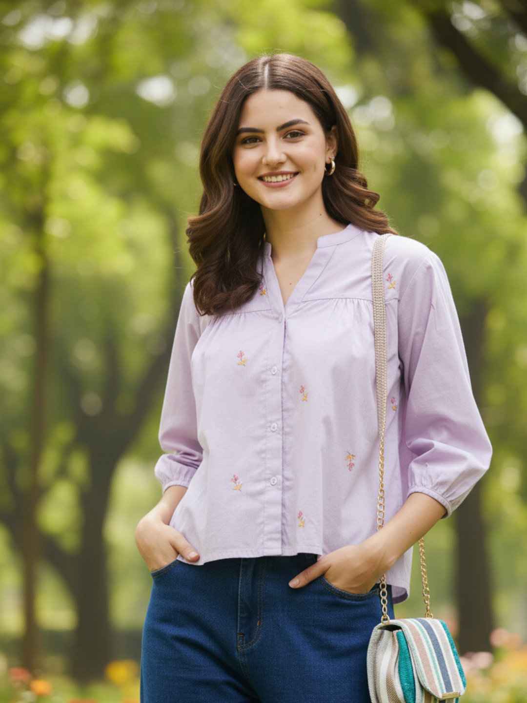 Lavender Casual Cotton Shirt with Elegant Embroidery for women