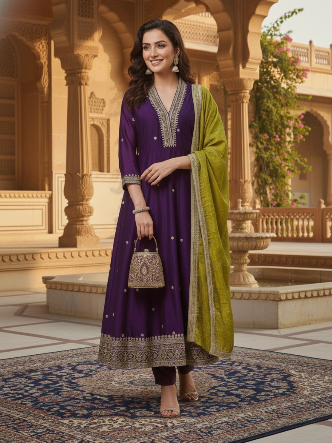 Violet Embroidered Silk Anarkali Kurta With Dupatta Set