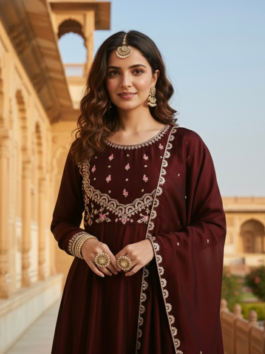 Coffee Embroidered Silk Anarkali Kurta With Dupatta Set