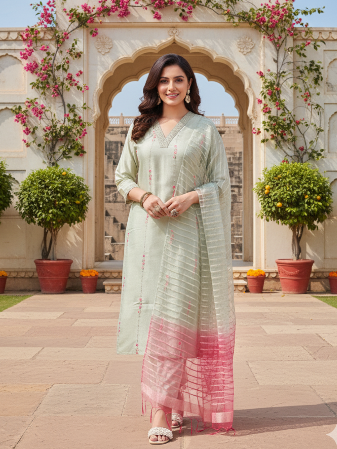 Grey Embroidered Silk Kurta with Dupatta Set