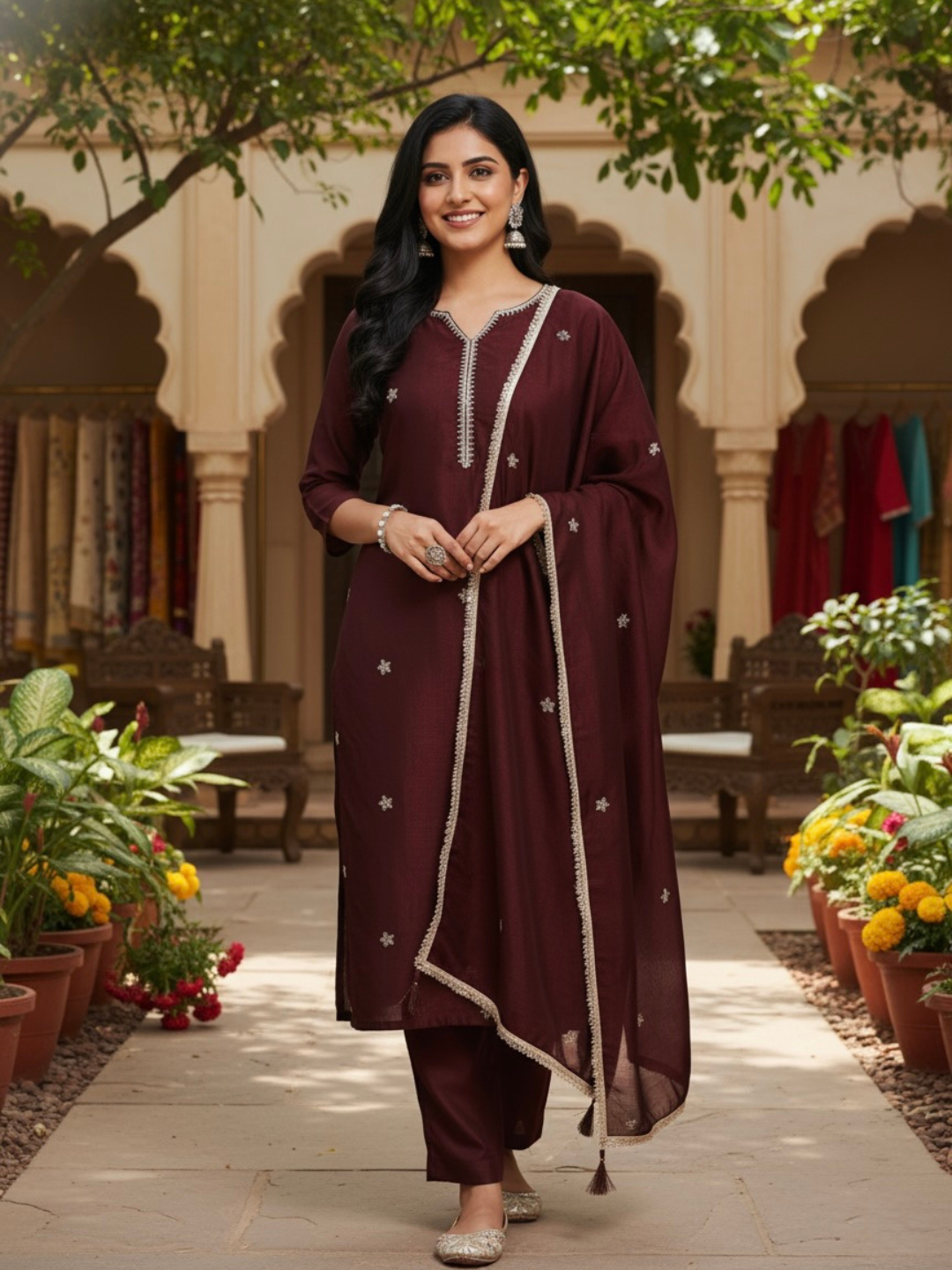 Coffee Embroidered Silk Kurta with Dupatta Set
