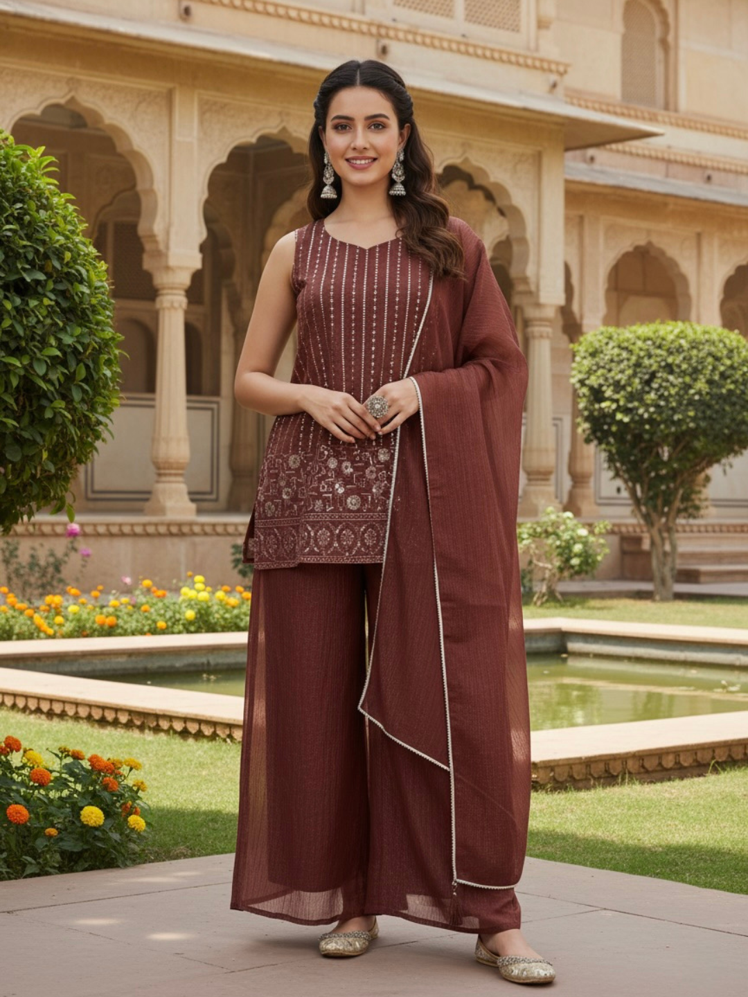 Coffee Silk Embroidered Straight Suit Set with Dupatta | Front side full image