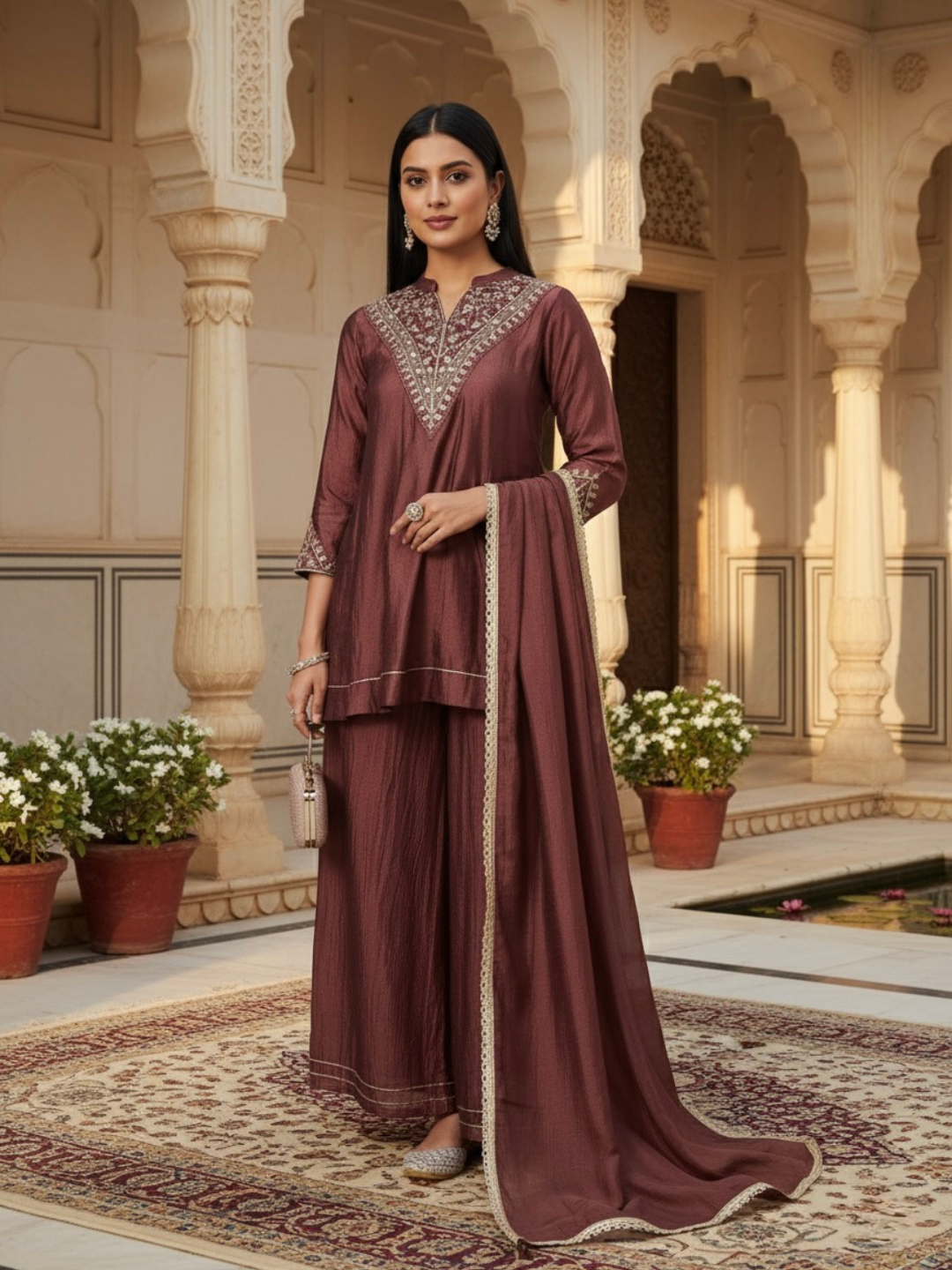 Berry Brown Silk Embroidered Kurta Sharara Suit With Dupatta