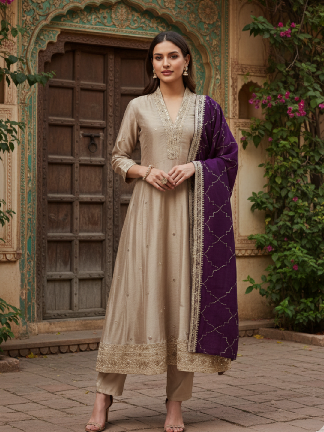 Grey Embroidered Silk Anarkali Kurta With Purple Dupatta Set