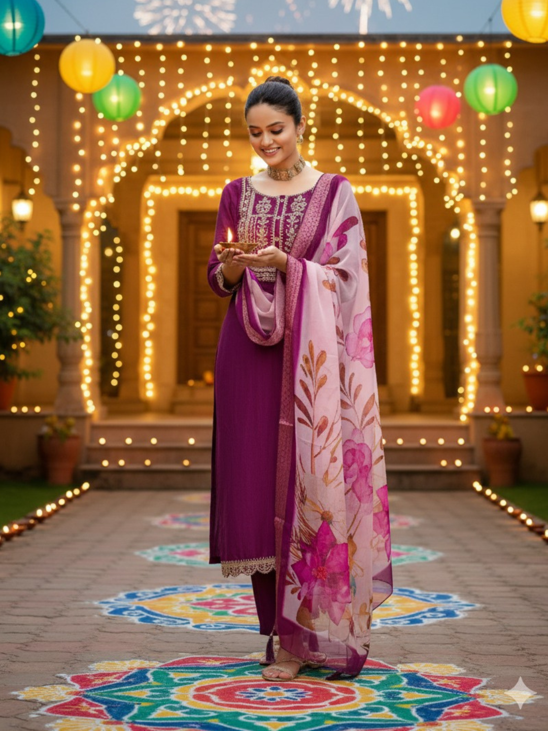 Wine Self Design Chinon Straight Kurta With Printed Dupatta