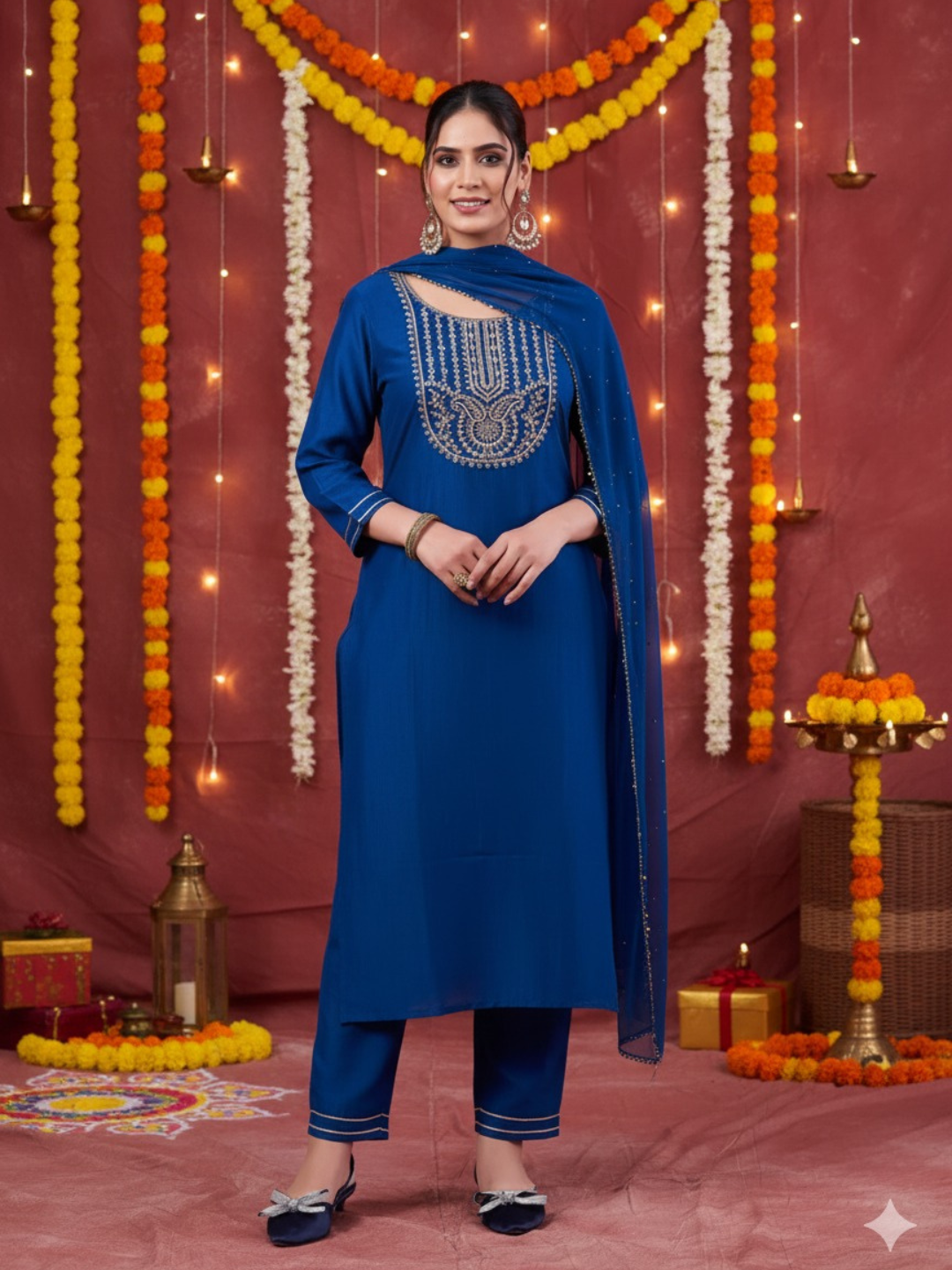Teal Blue Embroidered Chinon Kurta with Dupatta Set
