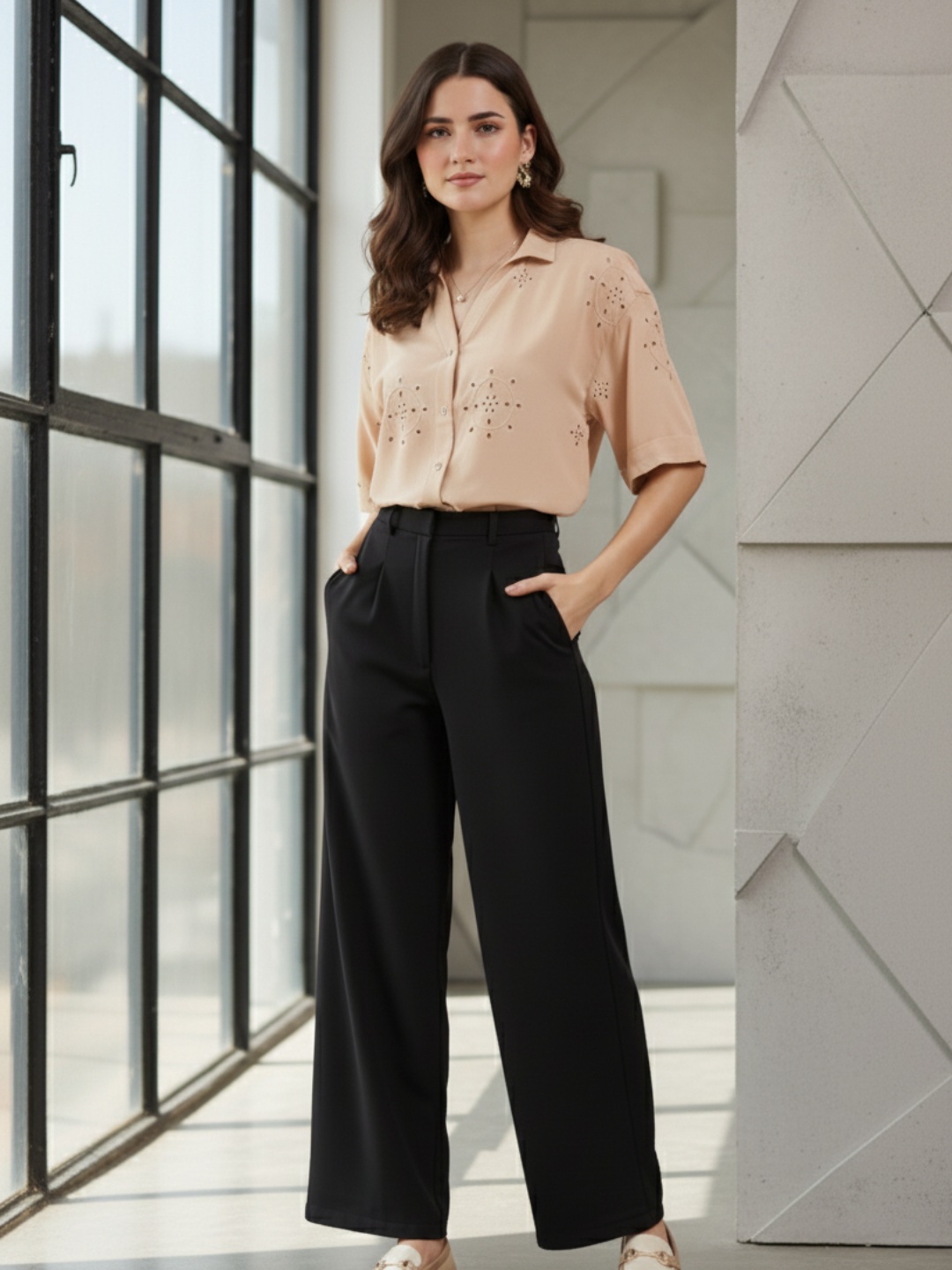 Beige Casual Printed Shirt in Cotton Blend Fabric for Women