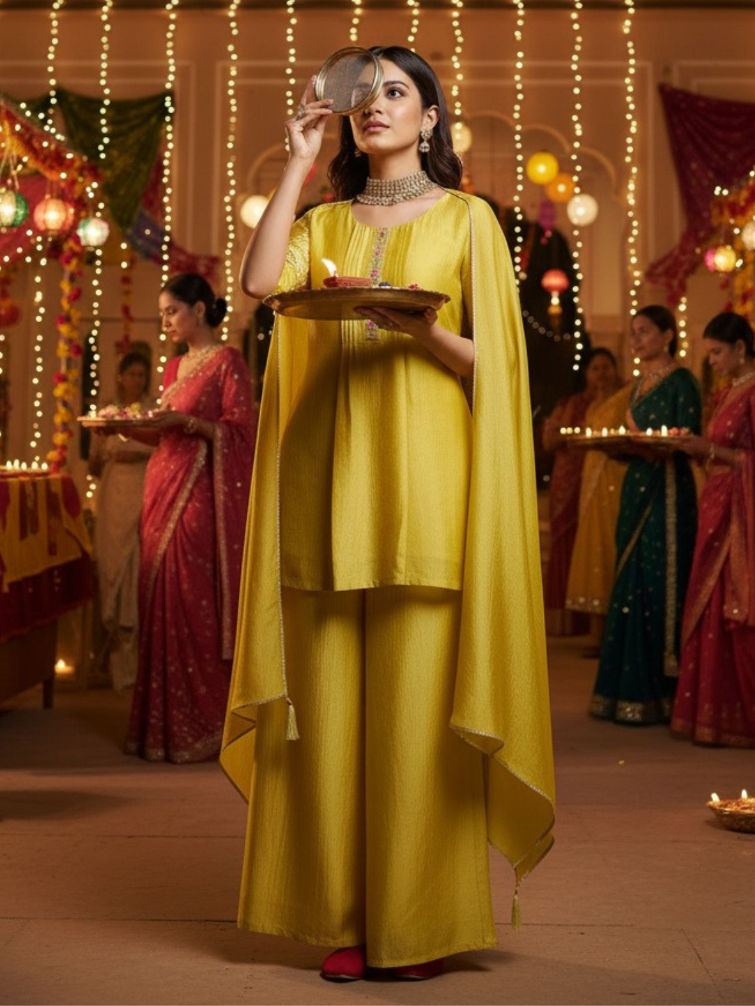 Lemon Yellow Embroidered Peplum Top with Sharara Set