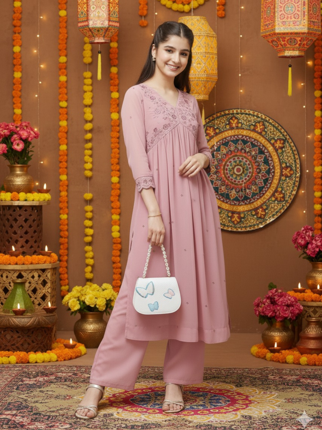 Pink Georgette Embroidered Kurta & Pant Set for Girls