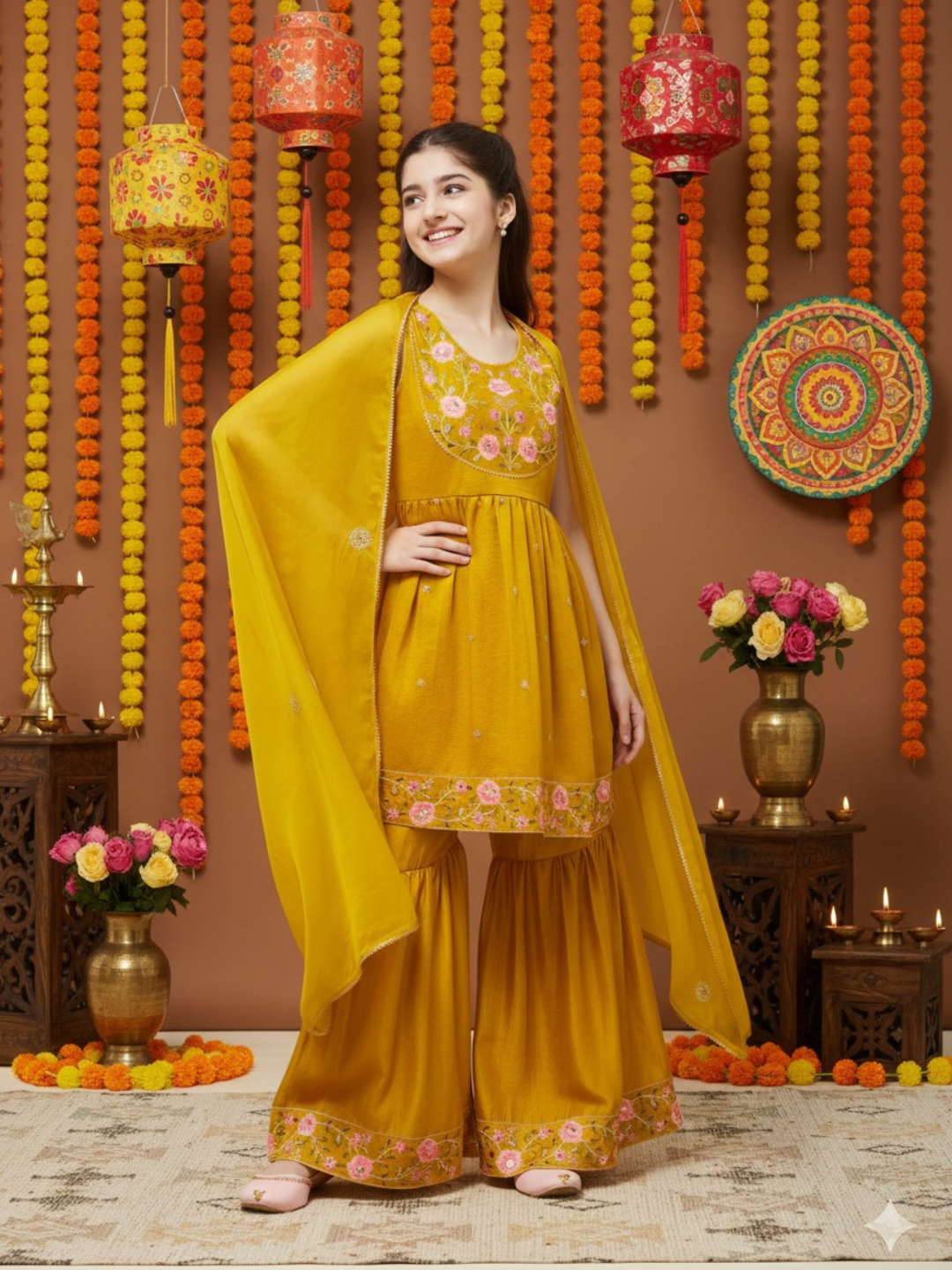 Girl's Mustard Silk Embroidered Sharara Set With Dupatta