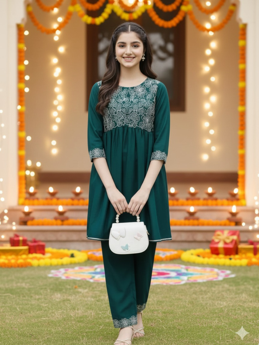 Girl's Bottol Green Chinon Embroidered Kurta plazzo set