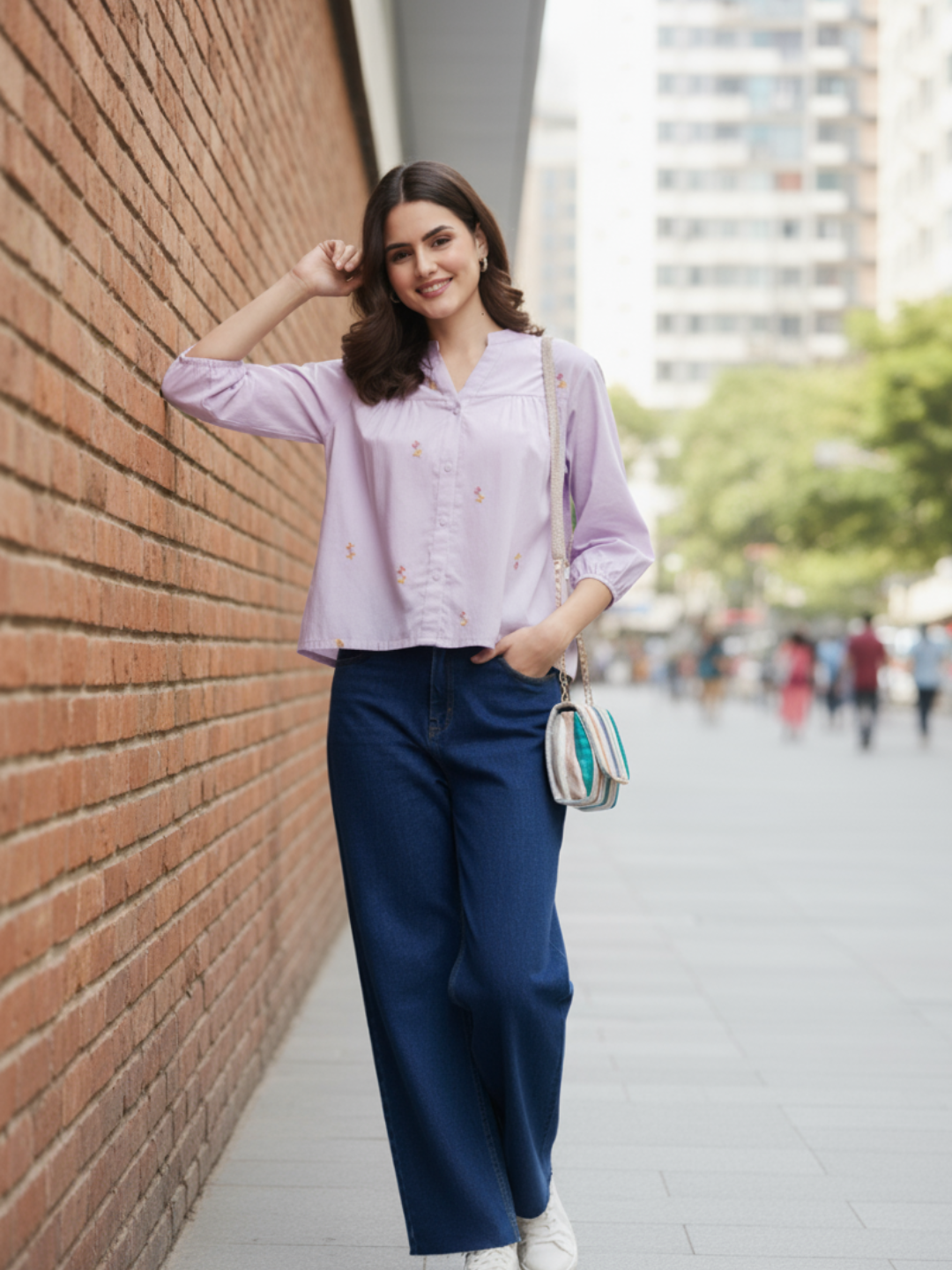 Lavender Casual Cotton Shirt with Elegant Embroidery for women