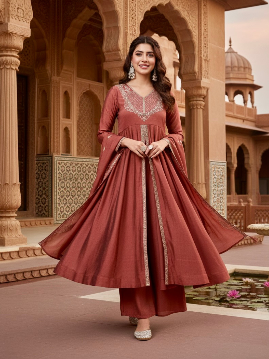 Rust Silk Embroidered Anarkali Kurta With Dupatta Set for Women
