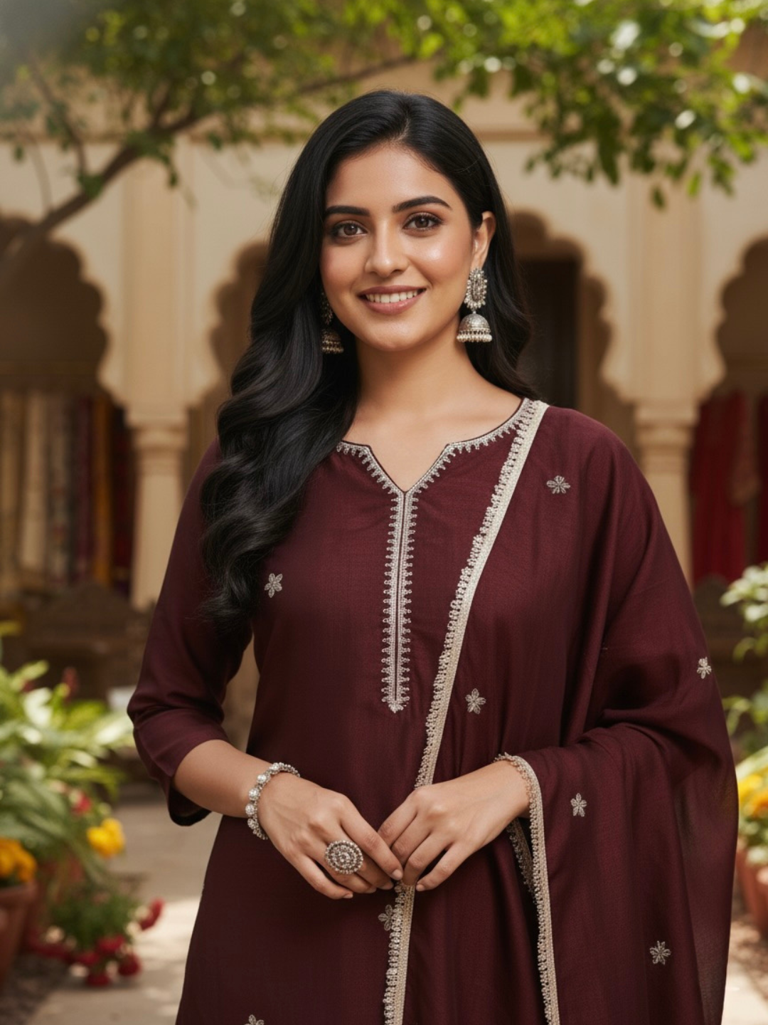 Coffee Embroidered Silk Kurta with Dupatta Set