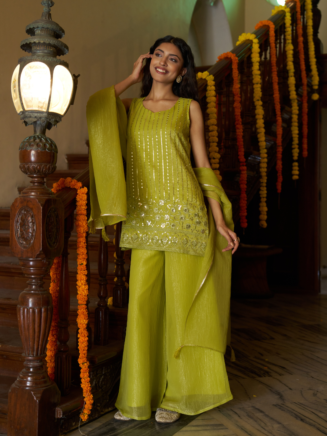 Neon Silk Embroidered Palazzo Suit with Dupatta | both hand dupatta drap style image