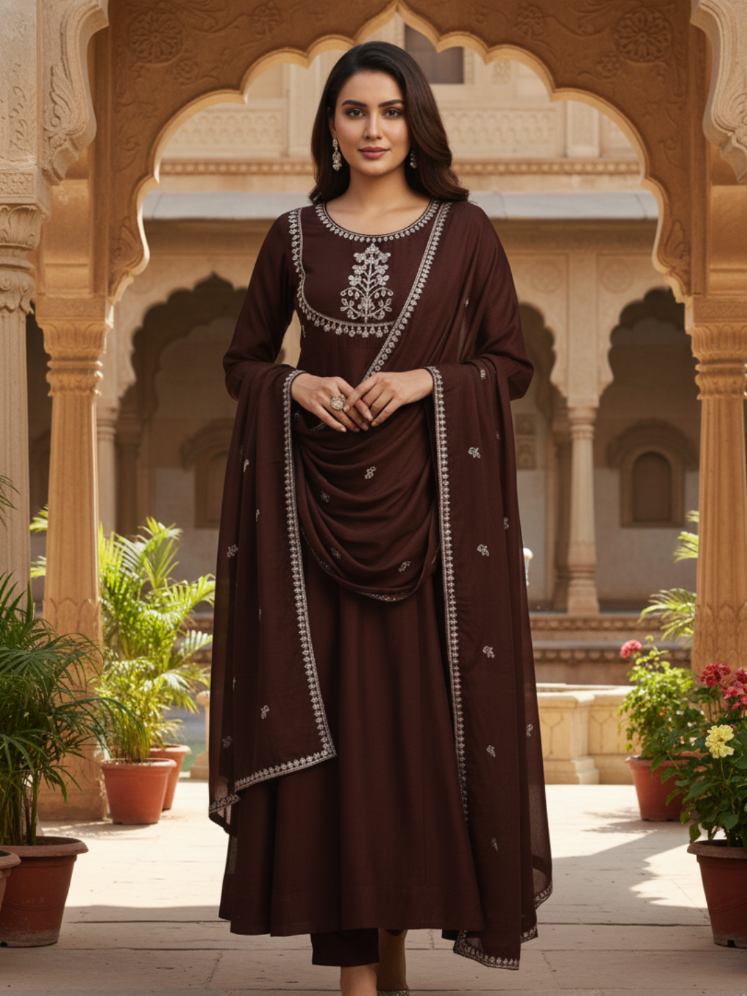 Coffee Embroidered Silk Anarkali Kurta With Dupatta Set