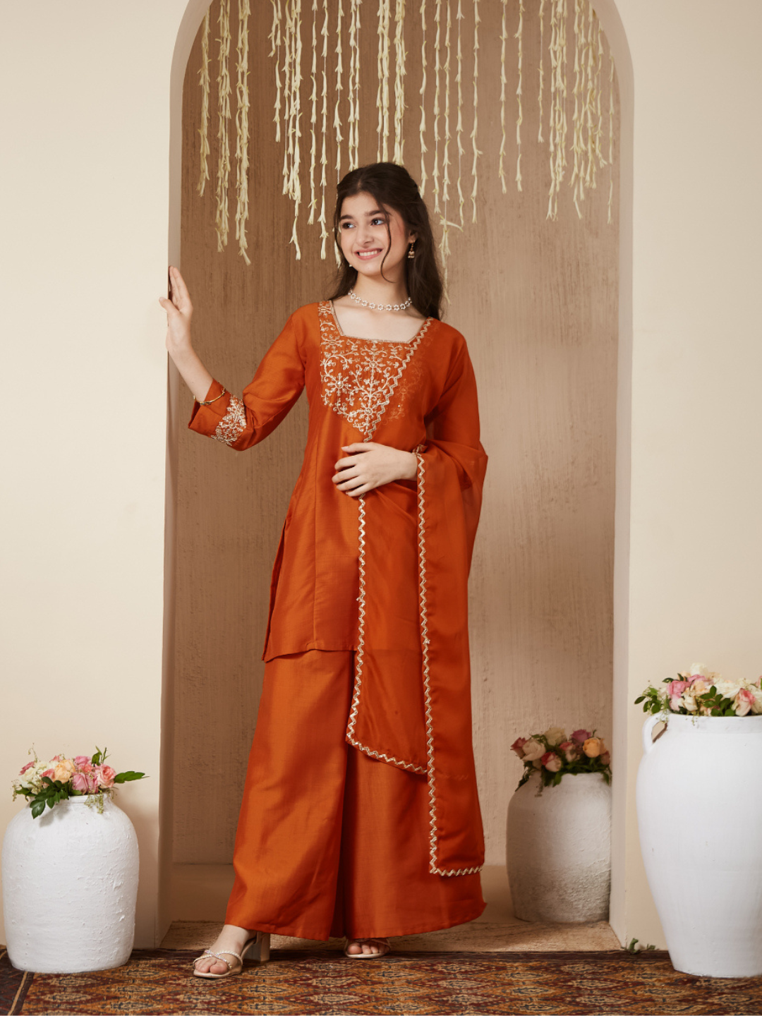 Girls Orange Silk Embroidered Kurta Palazzo Set with Dupatta