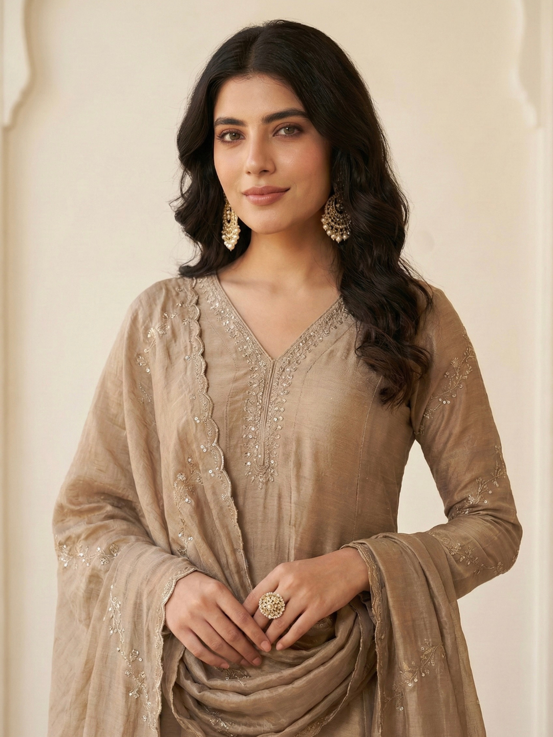 Beige Silk Embroidered Anarkali Kurta with Dupatta Set