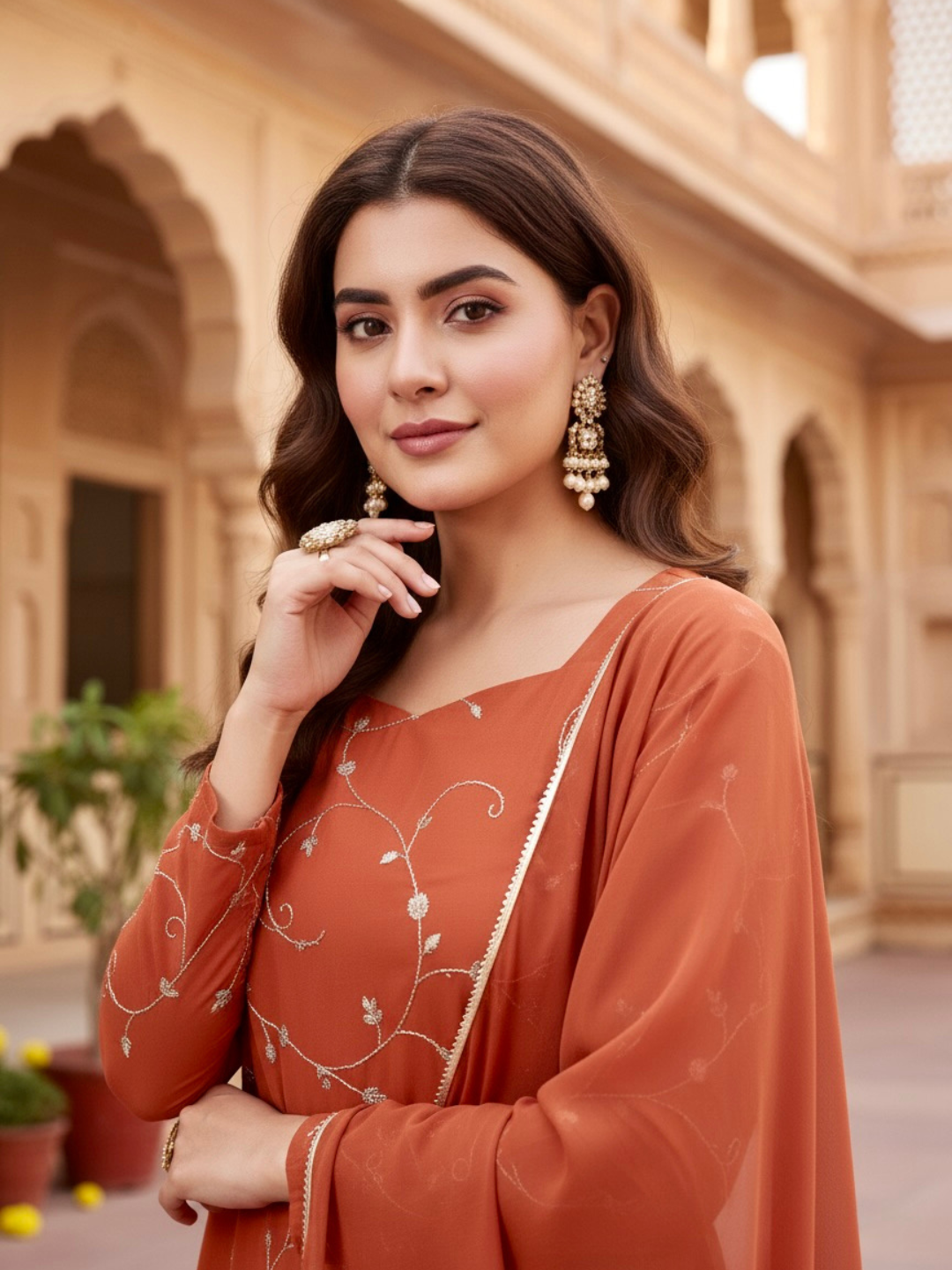 Orange Embroidered Georgette Straight Suit Set With Dupatta