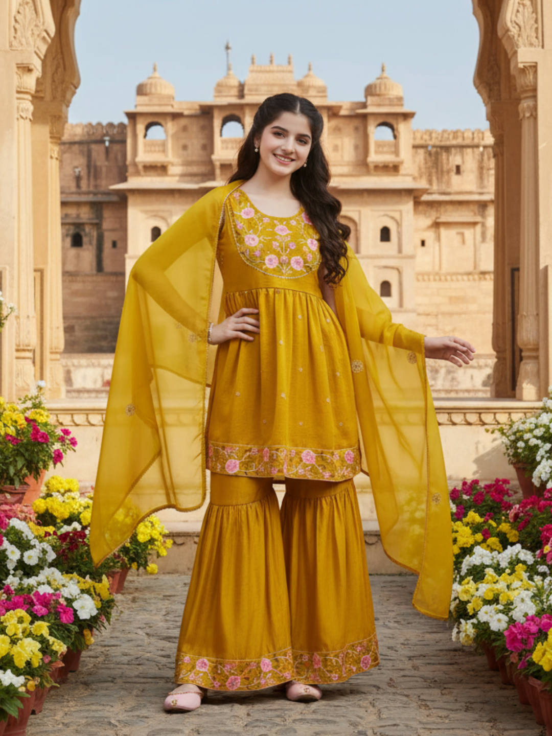 Girl's Mustard Silk Embroidered Sharara Set With Dupatta