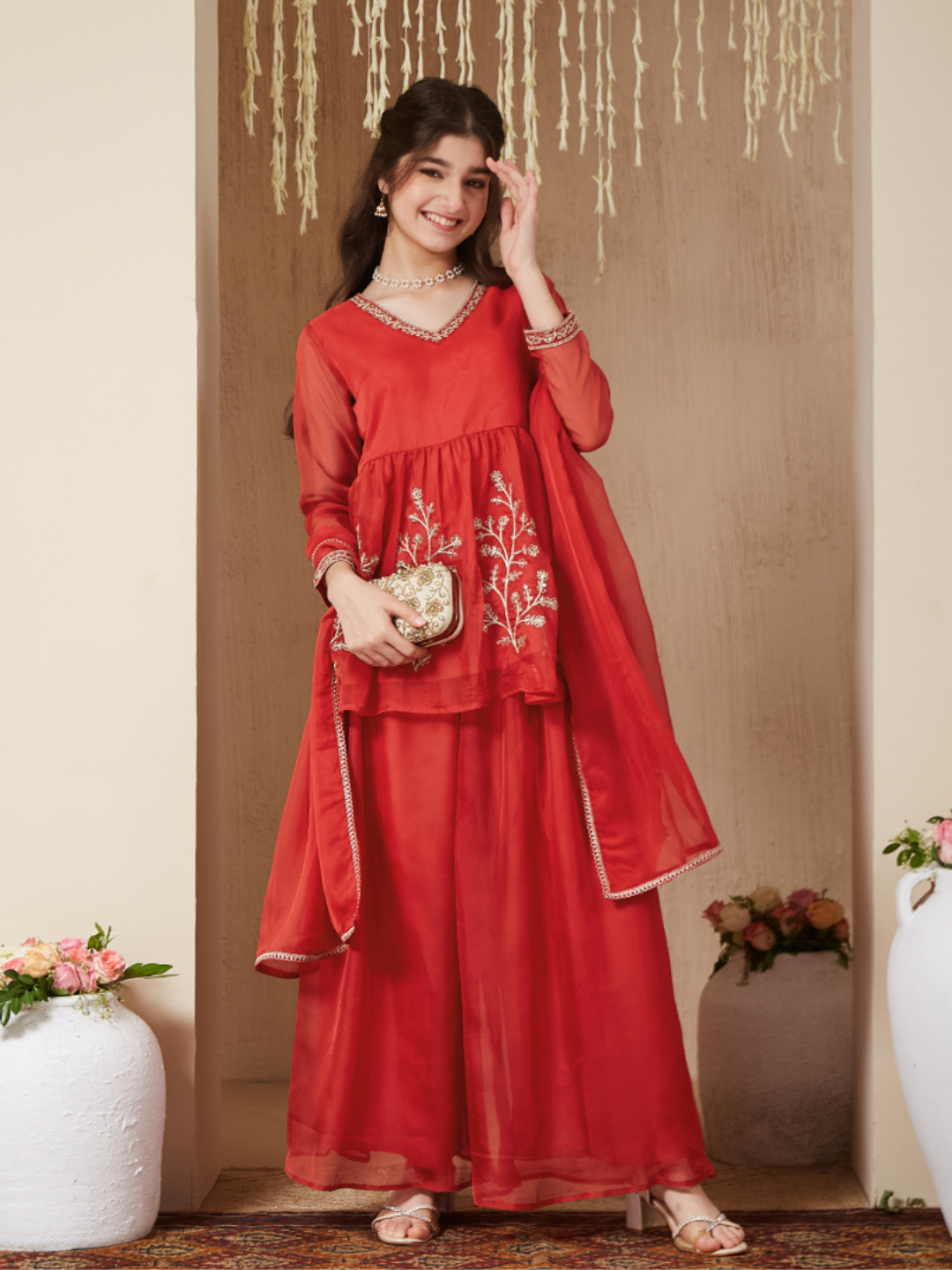 Orange Organza Embroidered Kurta Plazzo & Dupatta Set for Girls