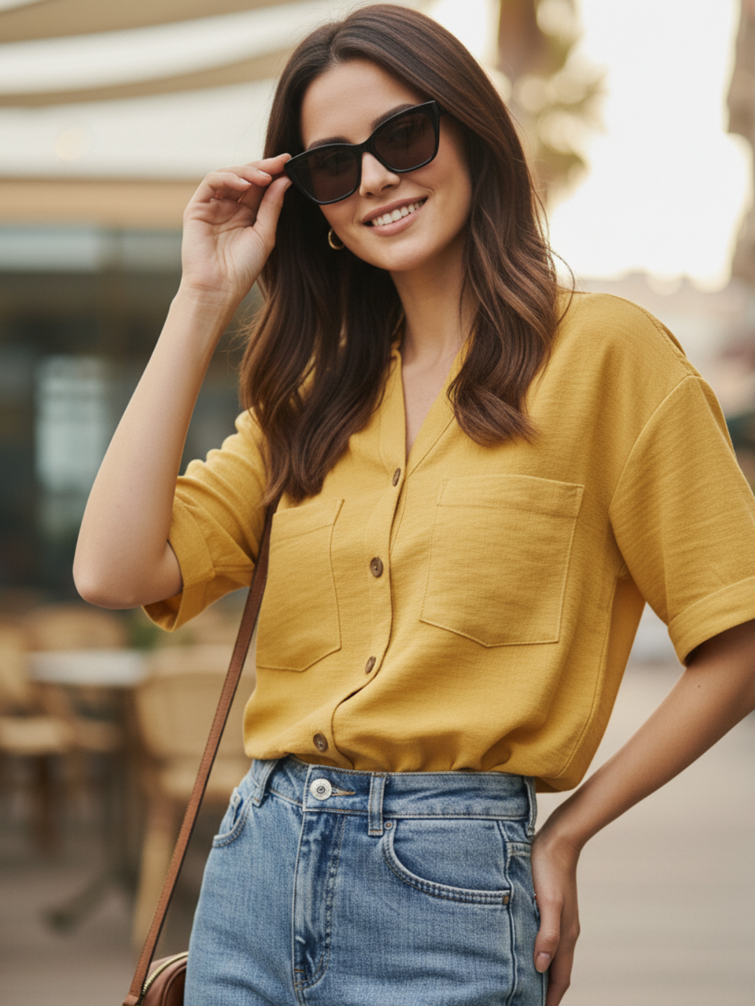 Women Yellow Cotton Blend Plain Regular Half Sleeve Shirt