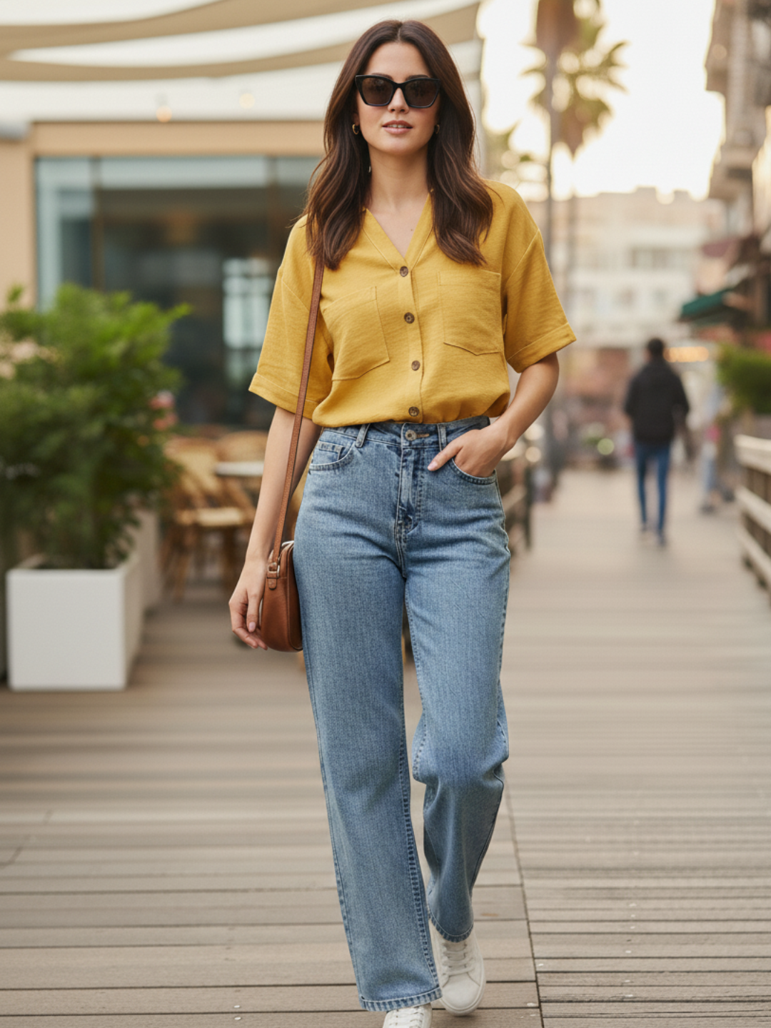 Women Yellow Cotton Blend Plain Regular Half Sleeve Shirt