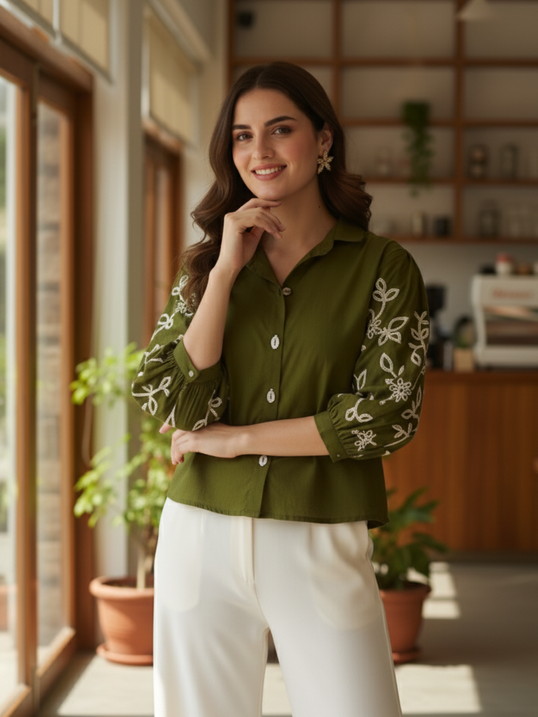Army Green Cotton Embroidered Shirt for Women