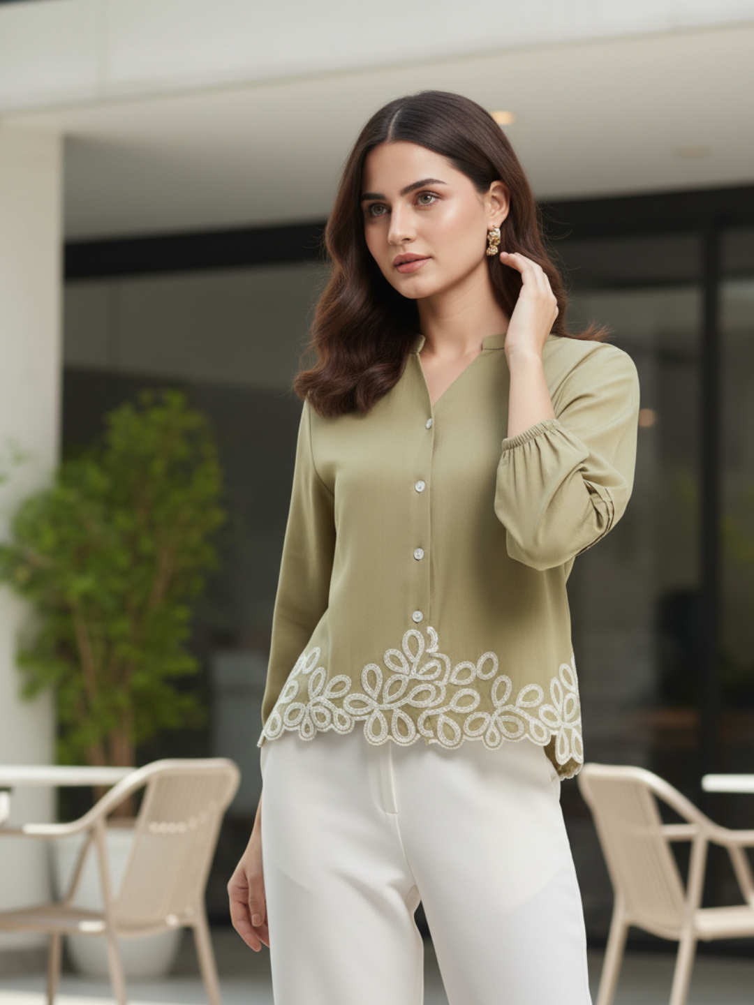 Khaki Embroidered Full Sleeves Regular Rayon Shirt