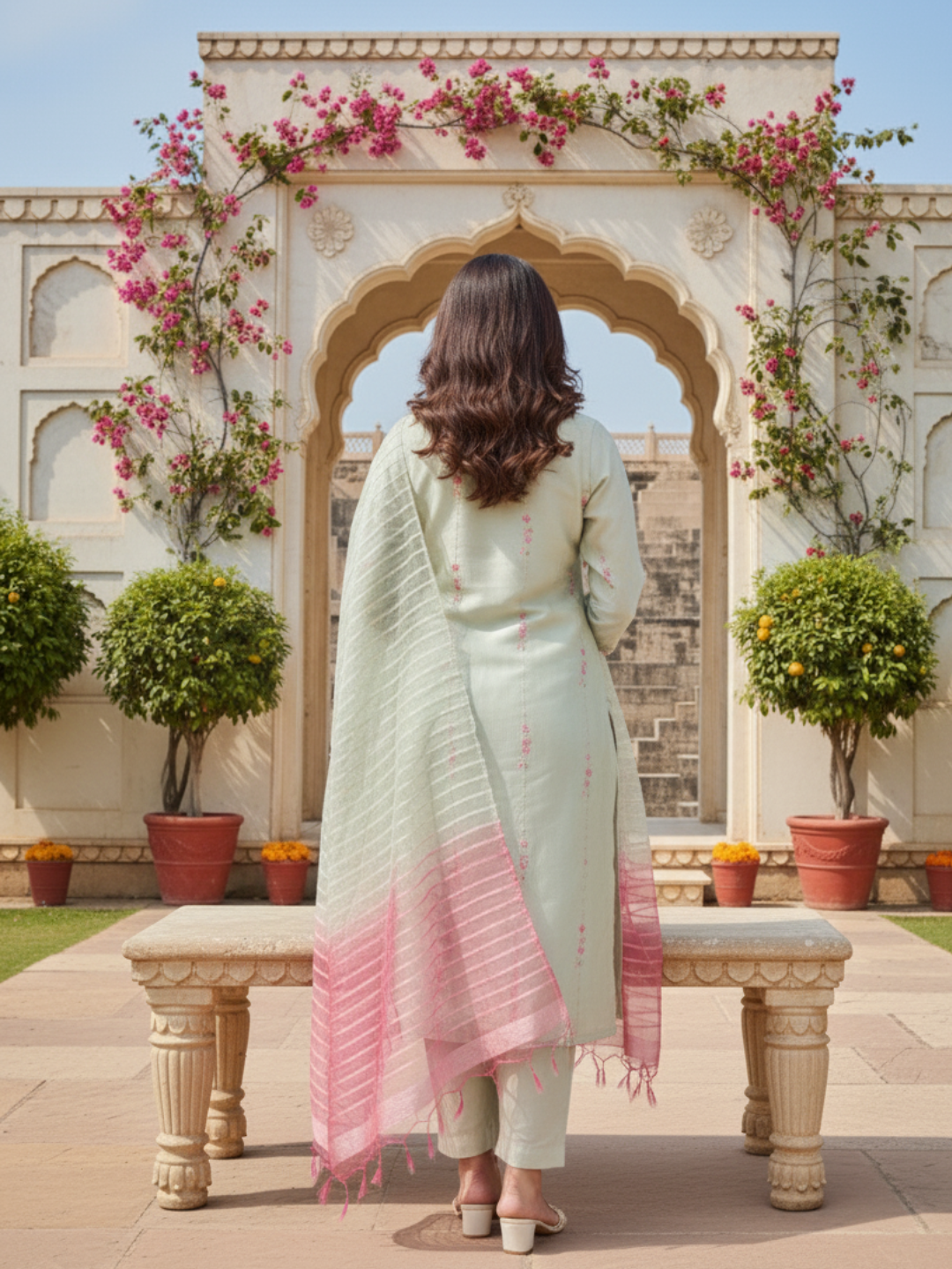 Grey Embroidered Silk Kurta with Dupatta Set