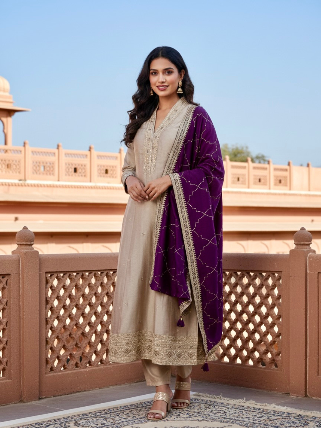 Grey Embroidered Silk Anarkali Kurta With Purple Dupatta Set